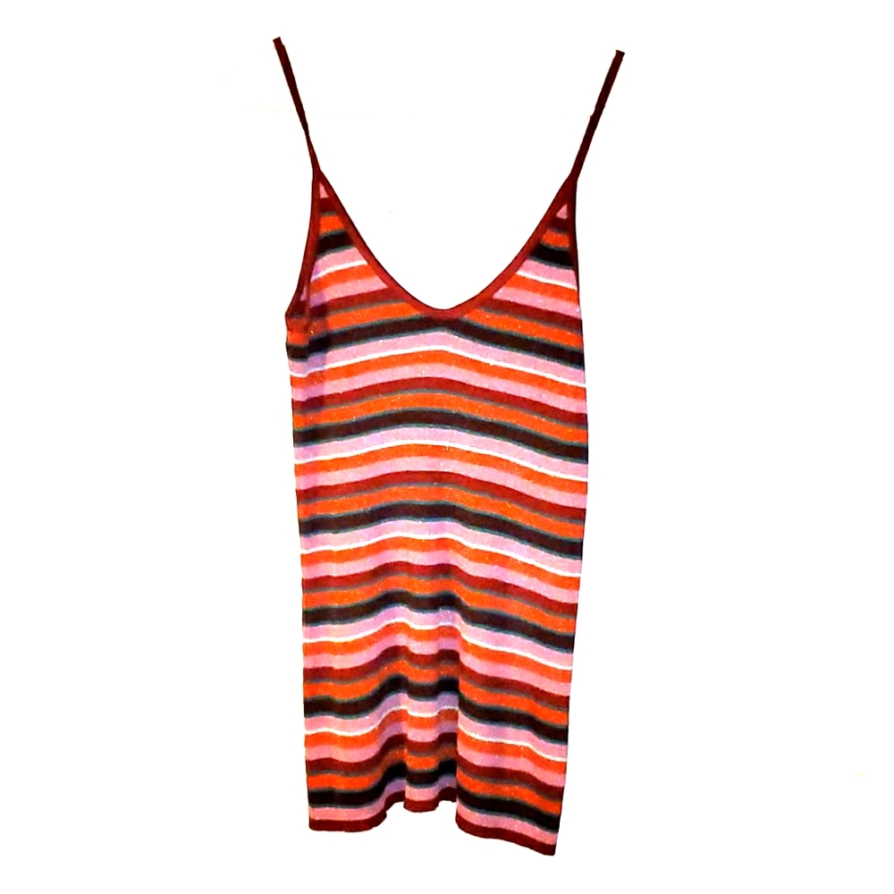 Zara Knit Metallic Striped Dress V-Neck Multicolor